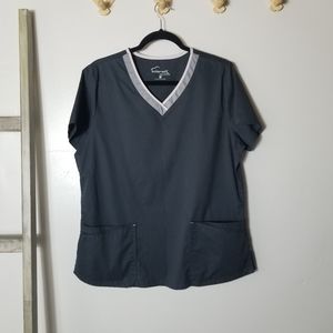 BUTTER SOFT STRETCH V-NECK GRAY AND WHITE SCRUB TOP SIZE LARGE